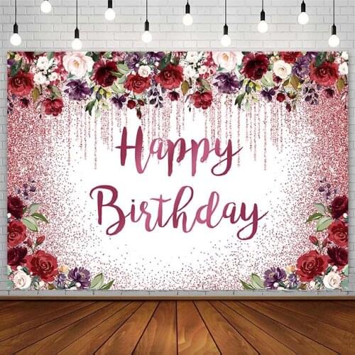Red Floral Backdrop Woman Happy Birthday Party Decor Glitter Girl Photography Background Photoshoot Studio Booth Photozone Props