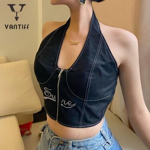 2021 Sexy Women Crop Tank Tops Vest Strap Spring Letter Hot Drilling Slim Short Navel Hanging Neck Vest for Women Boho Crop Top