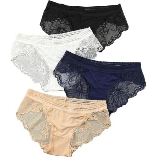 LANGSHA 4Pcs/lot Panties Women Sexy Lace Low-Rise Female Underwear Seamless Sexy Girls Cotton Lingerie Sexy Lady Bow Intimates