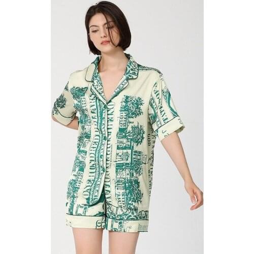 2021 Summer Thin Print Ice Silk Pajamas Women Short-sleeved Shorts Homewear Casual Two Piece Set Satin Sleepwear Sexy Nightwear