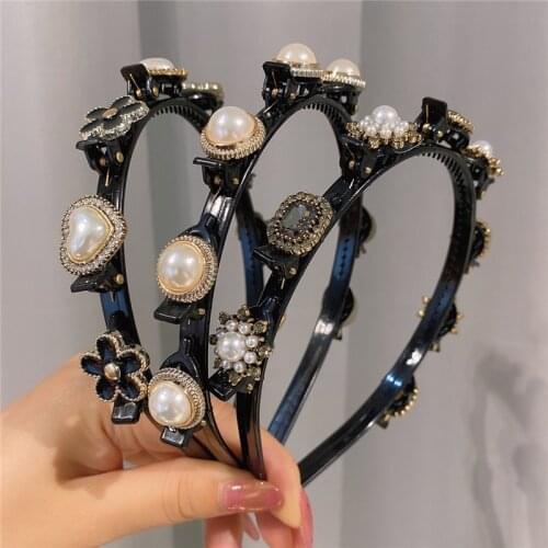 Fashion Hairbands Non-slip Bezel Pearl Rhinestone Flower Water Ripple Hair Hoop Headband for Women Hair Band Hair Accessories