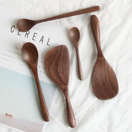 Super new black walnut wooden tableware spoon solid wood Japanese honey coffee spoon wooden rice soup spoon