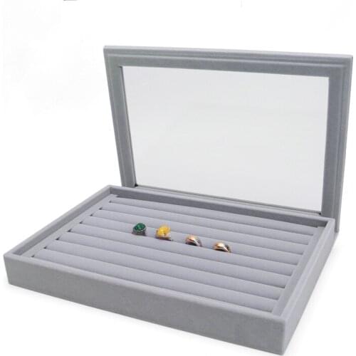New 8 Lines Ring Holder Tray Ice Gray Velet Jewellery Organize Display Stand With Plastic Cover Multifunction For Counter Window