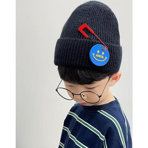 Autumn Winter Kids Boys Girls Knitted Hats Fashion Pin Smile Accessories Baby Beanie Caps Soft Warm Children Hat