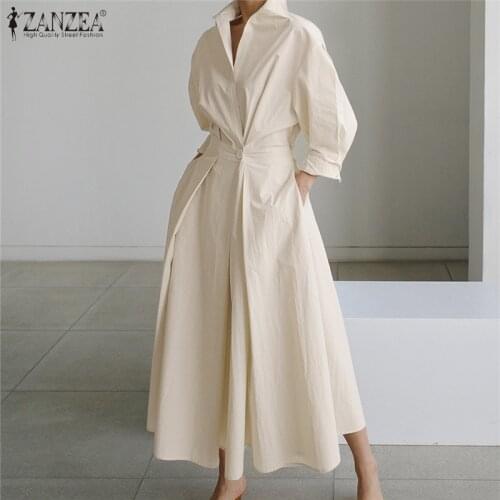 ZANZEA Elastic Waist Vestido Female Clothing Long Dresses Femme Casual Pockets Robe Full Sleeve Dress Saias Longas Summer 2021