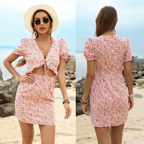 Dresses For Women 2021 Summer Floral V-Neck Hollow Short-Sleeved Hip One-Step Dress Robe Femme Longue Vestidos Mujer Verano