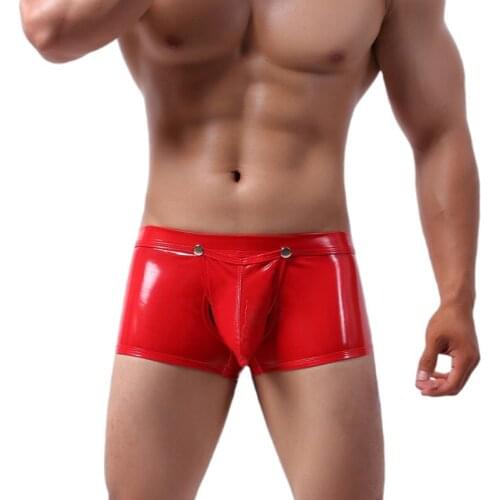 Sexy Gay Underwear Open Butt Mens Faux Leather Boxershorts Wet Look Underpants Open Crotch Pouch Male Panties Gay Cueca
