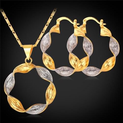 Hoop Earrings Pendant Necklace Set Gold Color 2 Tone Color Jewelry Set Fashion Jewelry For Women PE990