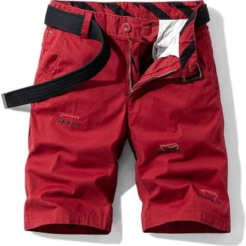 Summer Cargo Short Men Casual Loose Knee Length Cotton Mens Shorts Letters Embroidery Fake Holes Overalls Board Short Homme