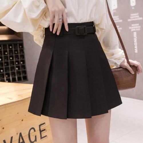 2021 Autumn and Winter Harajuku A-Line Pleated Skirt Shorts Black High Waist Mini Skirts for Women Korean Dance Skirt With Belt