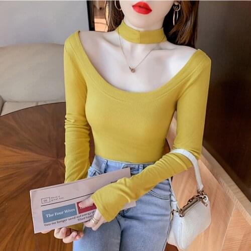Women Slash Neck T Shirt Women Cotton Elastic Basic T-shirts Female Sexy Tops Long Sleeve Halter T-shirt Women Black Yellow