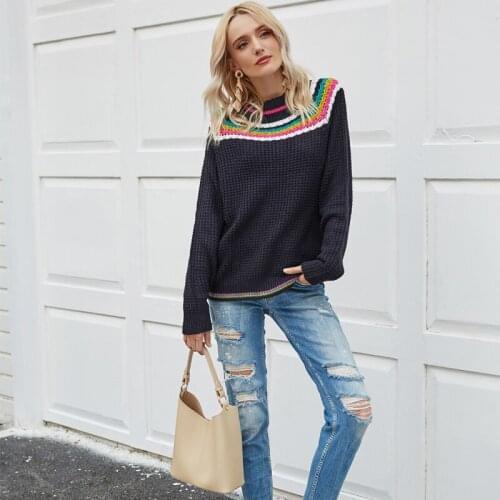 Women Rainbow Striped Collar Sweater 2020 New Casual O-Neck Long Sleeve Knitted Clothing Top Ladies Puls Size Vintage Sweater