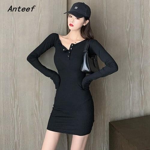 Anteef long sleeve black cotton sexy bodycon dresses for women casual mini short spring autumn dress elegant clothing 2021