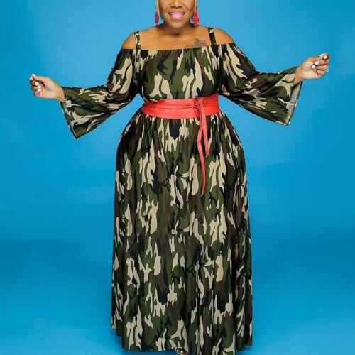 4XL 5XL Plus Size Camouflage Printed Large Dress Spaghetti Strap Full Sleeve Floor Length Loose Fashion Elegant Evening Dresses