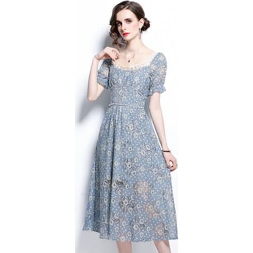 Temperament Women Summer Slim Dress Designer Vintage Flower Embroidery Square Neck High Waist Female Vacation Dresses