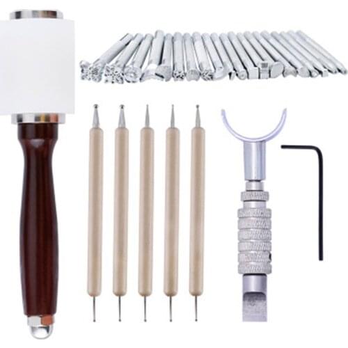 DONYAMY 25pcs Leather DIY Carved Wooden Hammer Stainless Steel Printing Tool Sewing Handmade Kit Set