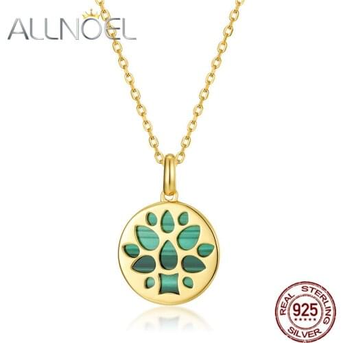 ALLNOEL Solid 925 Sterling Sliver Pendant For Women Natural Malachite Round Necklace Real Gold Plated Wedding Fine Jewelry New