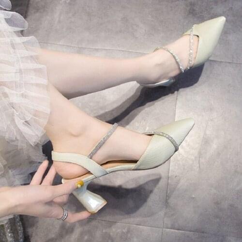 Baotou ladies 2021 spring and autumn new girl style thick heel high heel pointed rhinestone high heels sexy fashion