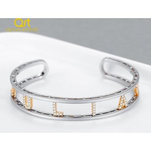 Personalized Name Bangles Double Colors Pave Letter Bracelet Custom Iced Letter Bangle For Women Fashion Crystal Jewelry Gifts