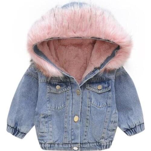 Large Fur Collar Girls Denim Jacket For Baby Childrens Clothes Coat 2019 Boys Winter Jackets Kids Lamb Cashmere Hooded Outwear