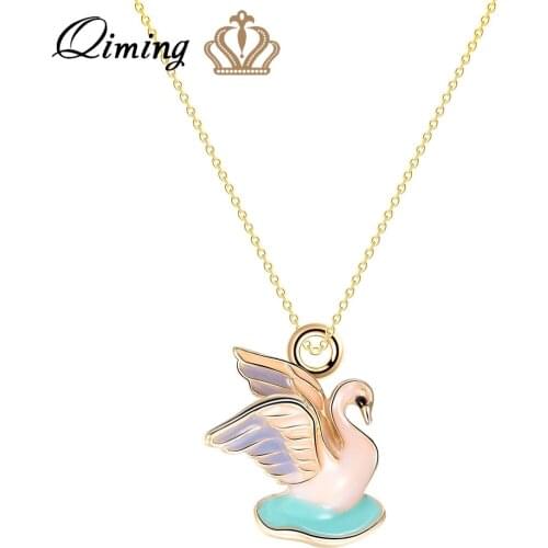 QIMING Elegant Colorful Swan Necklace For Women Fashion Design Gold Cute Animal Boho Jewelry Pendant Wedding Necklace