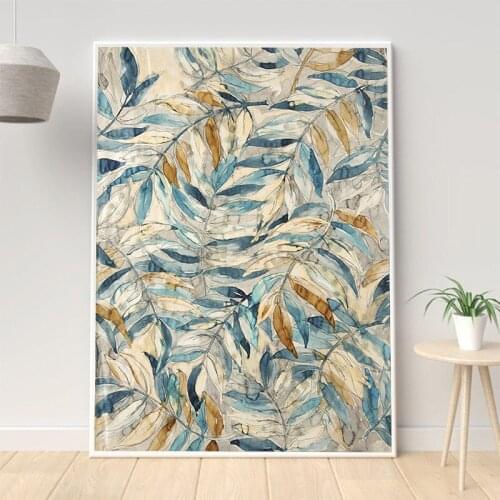 Gold and Blue Leaves Canvas Wall Art Modern Living Room Bedroom Decor Decoration Pictures Posters Prints No Frame