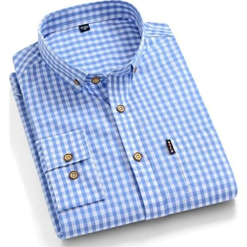 Quality Plaid for Men Long Sleeve Shirts 100% Cotton Casual Mens Dress Shirts Regular Fit Checkered Shirt Soft Comfortable Male