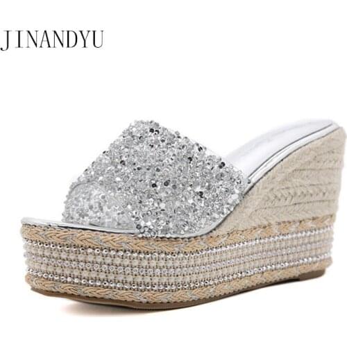 Summer Woman Slippers Platform Wedges Shoes for Women Silver Gold Heels Women Shoes Casual Bling Bling Party Slippers High Heels