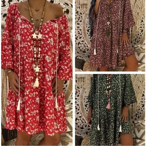 Summer Women Boho Floral Long Sleeve Dress Holiday Beach Shirt Dress Ladies Print Mini Dress Plus Size S-5XL