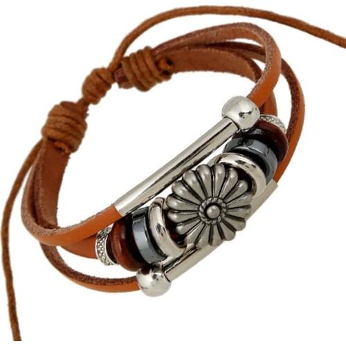 Fashion Vintage Women Flower Charms Bracelet Alloy Beads Bangle Wrap Multi-layer Genuine Leather Wristbands Casual Retro Jewelry