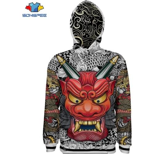 SONSPEE 3D Print Japanese Samurai Mens Hoodie Casual Funny Unisex Men Oversized Horror Oni Ghost Mask Coat Tops Sweatshirt