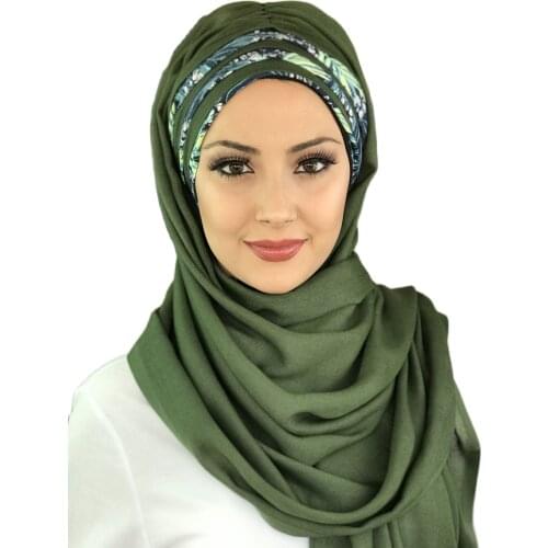 New Fashion Hijab 2021 Muslim Womens Hat Bonnet Foulard Turban Scarf Dark Green Draped Chiffon Detailed Leaf Patterned Shawl