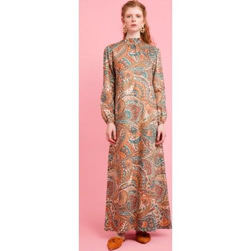 Authentic Patterned Collar And Gathered Detailed Orange Long Dress 2021 New Hijab Fashion Islamic Womens Clothing Collections