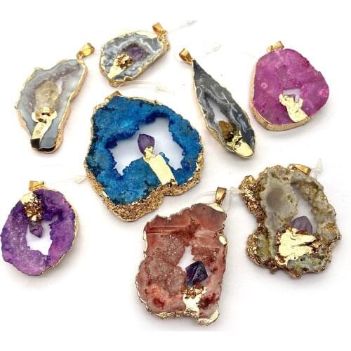 1pcs Natural Stone Crystal Pendant Colorful Purple Irregular Shape Plating Charms DIY Women Necklace Accessories Jewelry Making