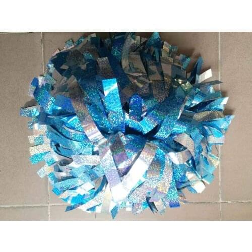 Custom Professional Cheerleader Pom poms 3/4"x 6" Baton Handle Metallic blue holographic with Holographic silver