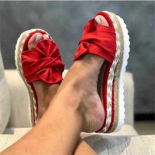 Women Summer Slippers Flock Bow-tie Platform Heel Solid Peep Toe Outdoor Slides Casual Sandals Ladies Shoes Zapatos De Mujer