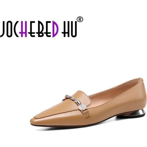【JOCHEBED HU】 Retro Thick Heels Pumps Big Size Genuine Leather Hanged Metal Shoes Woman Heels 2021 Spring Working Newest Women S