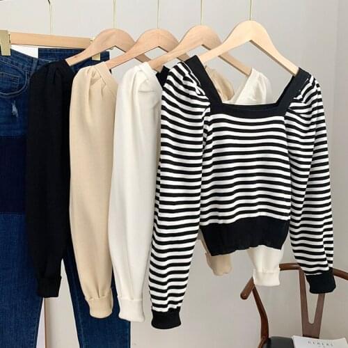 Spring New Striped Square Neck Short Knitted Top Womens Waist Slim Sweater
