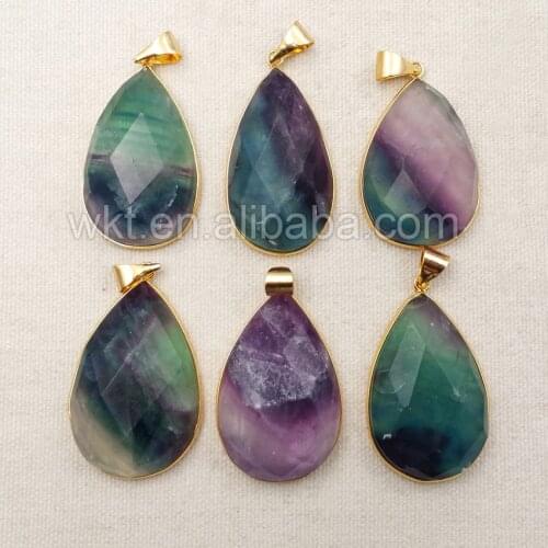 WT-P1081 5pcs/lot Wholesale Rainbow Fluorite Pendants Faceted Stone Teardrop Pendant Natural Fluorite with 24k gold strim