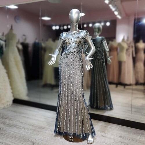 YQLNNE Vestidos 2021 Gray Rhinestones Long Evening Dresses Mermaid Cap Sleeve Tulle Beaded Women Party Gown Elegant