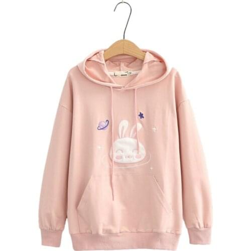 Women Hooded Sweatshirt Harajuku Rabbit Embroidery Cute Hoodies Pullover 2020 Autumn Winter Long Sleeve Sweet Style Female Top