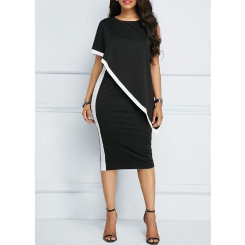 Plus size womens round neck one-shoulder slim bag hip party dress mid-length womens skirt Ladies Commuter Office Clothes Dress