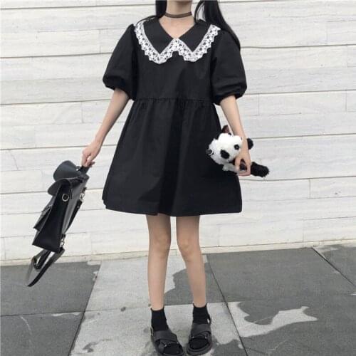 Japanese College Style Dark Loose Dress Womens New Summer All-match Sweet Cute Puff Sleeve Small Black Dress lolita dress