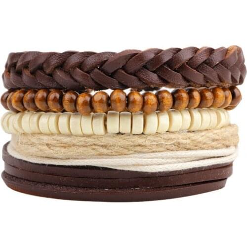 New Fashion 1 Set Rope Wood Bead Leather Bracelets & bangles Men Jewelry Vintage Multilayer Braided Wristband Bracelet