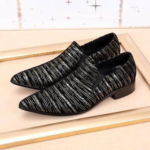 Christia Bella Gold Stripes Suede Leather Men Shoes Large Size Pointed Toe Men Party Dress Shoes Office Leather Shoes Slip On