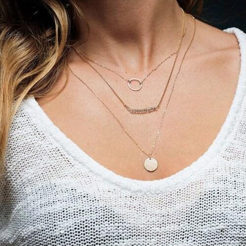 JUJIE Not Fade Trend Jewelry Stainless Steel Necklace Women Fashion Layered Necklace Total 3 PCS Pendant Necklace