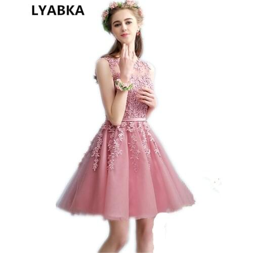 Real Photos O-neck Evening Dress High Quality Pink Organza With Appliques Beading Evening Dresses Short 2019 Vestido De Festa