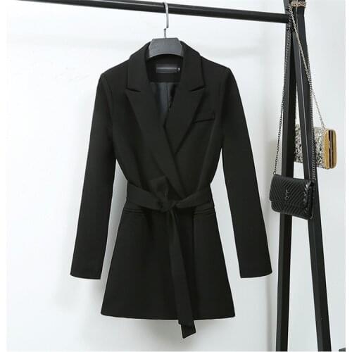 Hidden Breasted Black Whis Sash Fashion Blazers Business suit women Korean style loose Mid-Length Cotton Womens jacket