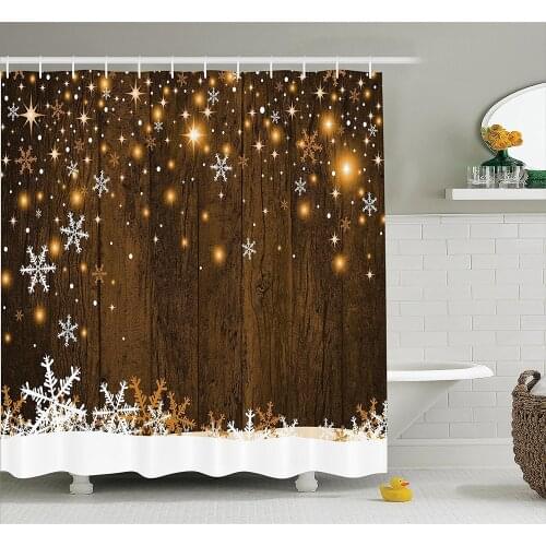 Christmas Shower Curtain Snowflake Rustic Brown Wooden Fabric Bathroom Set Backdrop with Snowflakes Themed Bathroom Curtains