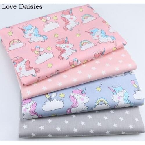 100% cotton twill cloth GRAY PINK cartoon unicorn color hair balloon rainbow stars fabrics for DIY crib bedding handwork decor